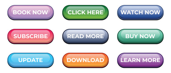 Poster - Colorful web buttons set. Read more, learn more, buy now, download, watch now, book now. Web design elements. Vector illustration