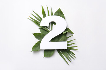 Poster - Green leaves with paper number two on white background. Top view