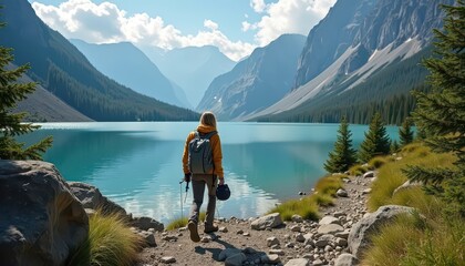 Canvas Print - Woman Hiking by a Mountain Lake.