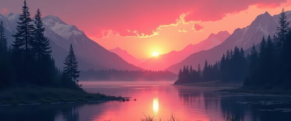 Sticker - Pink Sunset Over Mountain Lake.