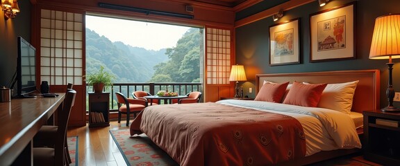 Canvas Print - Cozy Hotel Room with Mountain View.