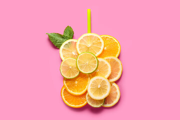 Sticker - Sliced citrus fruits and plastic straw on pink background