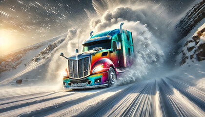 A powerful futuristic semi truck speeding through a remote snowy landscape as it braves an intense winter storm  The truck s bold