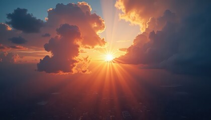 Wall Mural - Golden Sunset Rays Breaking Through Clouds.