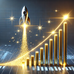 Poster - Rocket launch soaring through the sky representing the growth success and financial achievements of a business or startup  Futuristic and dynamic image with glowing charts data