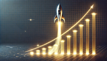 Poster - Depiction of a rocket ship soaring upwards alongside an ascending bar graph symbolizing the concept of rapid growth success and business expansion