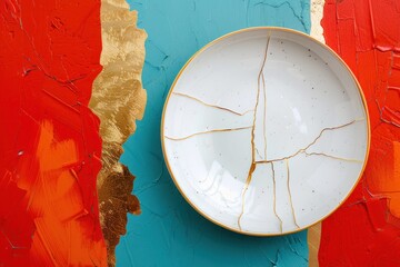 Kintsugi repaired white plate on vibrant abstract background, colorful art and ancient Japanese restoration concept