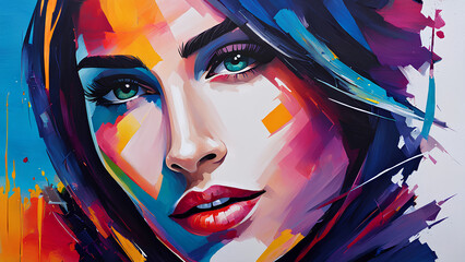 Wall Mural - Vibrant Abstract Portraits of Women - Close-Up Paintings with Bold Colors and Modern Techniques