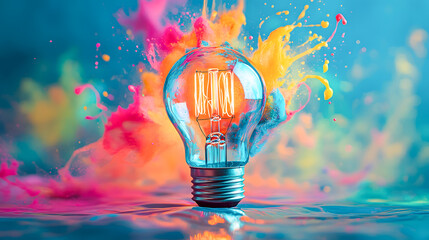 Poster - Striking digital artwork depicting a vibrant illuminated lightbulb surrounded by a dynamic explosion of colorful paint splashes and fluid abstract motions
