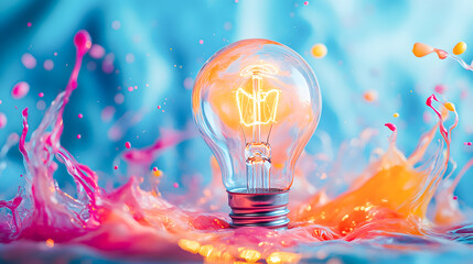 Poster - Glowing light bulb with vibrant colored liquid splash against a vivid blue background symbolizing creative energy innovation and the spark of The dynamic