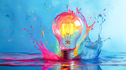 Poster - Vibrant liquid splash ignites a glowing lightbulb in a conceptual digital art creativity innovation and the power of ideas  The dynamic