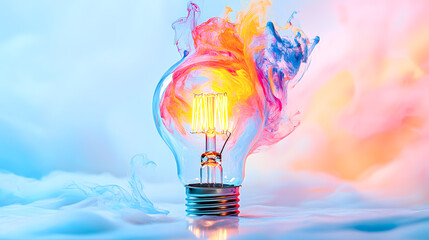 Poster - Colorful splashing and bursting light bulb against a background representing the concept of innovative idea creative bright illumination of the mind