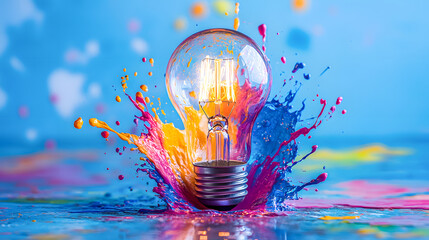 Poster - A striking image of a glowing light bulb submerged in a vibrant explosion of colorful liquid conveying the concept of creativity innovation
