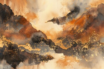 Canvas Print - A painting of mountains with clouds and a splash of gold. The painting is abstract and has a moody, dreamy feel to it