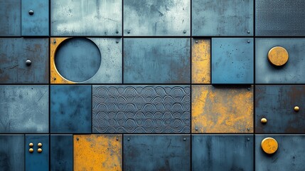 Wall Mural - Vibrant geometric wall panels in blue and gold create a unique artistic display showcasing various textures