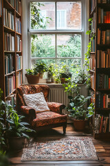 A comfortable armchair placed by a window in a rustic room full of books and plants.