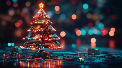 christmas tree with chips and nanotechnology, artificial intelligence industry, and hardware for christmas