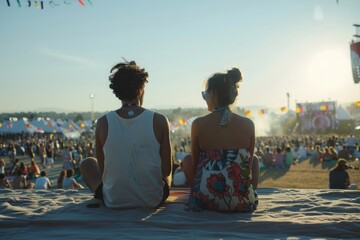 Wall Mural - A couple is sitting on a blanket at a festival. The man is wearing a white tank top and the woman is wearing a floral dress. The festival is crowded with people and there are many tents