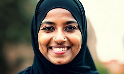 Canvas Print - Portrait of a beautiful muslim woman wearing hijab smiling at camera