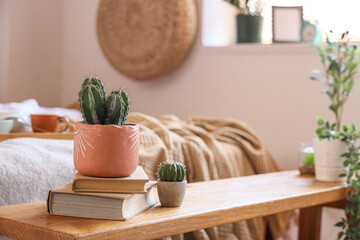 Poster - Cacti and books on bench in bedroom. Closeup