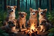 © Ansaar - Frog in the forest and playing group of puppies beagle Puppies by Firelight Campfire Puppies