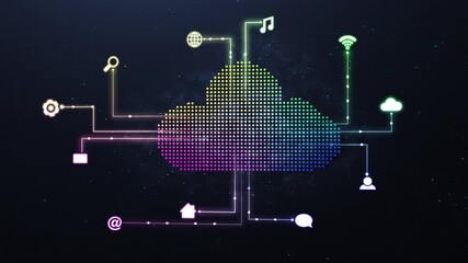 Leinwandbilder - Background, cloud icon and internet for global network, algorithm and wireframe for data and future. Program, technology and software or cyberspace with server, database and connection for iot