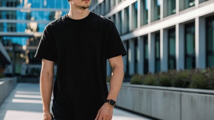 Wall Mural - Realistic black T-Shirt mock up blank put on young man, copy space for presentation advertising. Blank business concept.