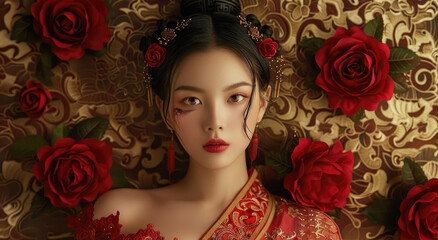 Wall Mural - A beautiful woman from the Tang Dynasty in China, with black hair and wearing red roses on her head, dressed in gorgeous Hanfu