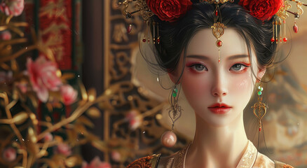 Wall Mural - A beautiful woman from the Tang Dynasty in China, with black hair and wearing red roses on her head, dressed in gorgeous Hanfu