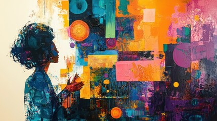 A woman is looking at a painting of a colorful cityscape