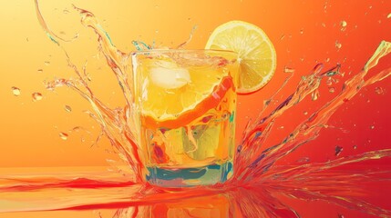 Poster - A glass of orange juice with a slice of lemon in it is splashing water