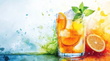 Poster - A colorful drink with ice and a slice of orange in a glass