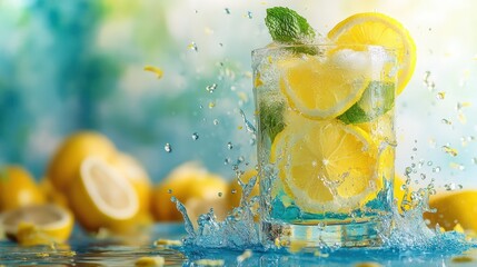 Poster - A glass of lemonade with a splash of water and a few lemon slices