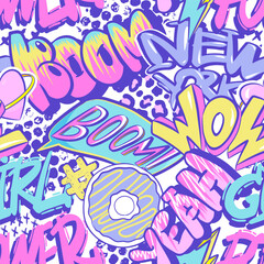 Aufkleber - Abstract seamless chaotic pattern with graffiti cool words. Bright neon Grunge texture background. Wallpaper for teen girls. Fashion urban  style