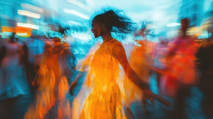 Sticker - A woman in a yellow dress is dancing in front of a crowd of people