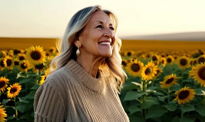 Wall Mural - Headshot portrait video of a pleased woman in her 50s wearing a chic cardigan against a sunflower field or vibrant landscape background