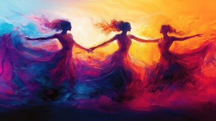 Fototapete - Three women are dancing in a painting with a blue background