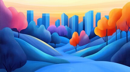 Poster - A cityscape with a blue sky and a river running through it