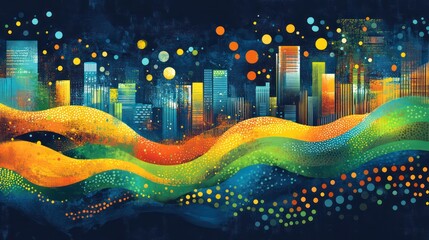 Fototapete - A colorful cityscape with a rainbow-colored wave