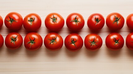 Poster - A row of fresh, ripe red tomatoes arranged neatly on a wooden surface. The tomatoes are shiny and have green stems, showcasing their freshness and vibrant color background.