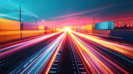 Poster - A train with bright lights on it is traveling down a track