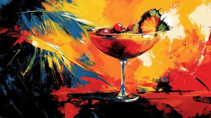 Poster - A colorful painting of a glass with a cherry and a pineapple on top