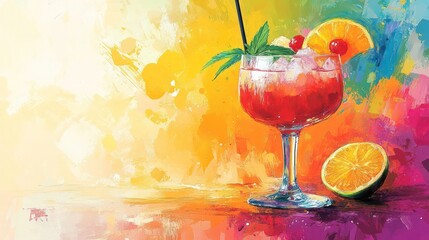 Poster - A colorful painting of a drink with a lime wedge and a cherry on top