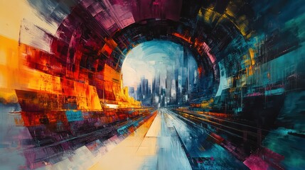 Fototapete - A painting of a city with a tunnel in the middle