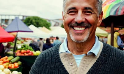 Canvas Print - Medium shot portrait video of a grinning man in his 50s that is wearing a chic cardigan against a vibrant and lively farmer's market with seasonal produce background