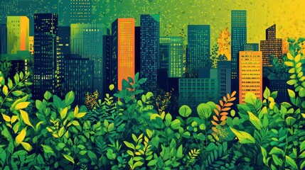 Poster - A cityscape with a green background and buildings