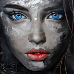 Wall Mural - The face of a beautiful blue-eyed girl close-up. Illustration for printing on fabric, posters. Advertising of modeling business, decorative cosmetics.