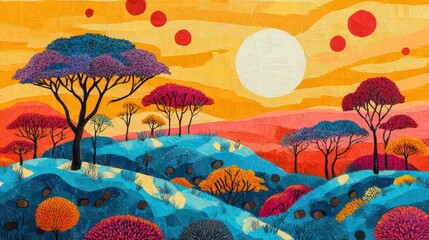 Poster - A painting of a forest with a blue sky and a large red sun
