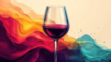 Poster - A colorful painting of a wine glass with a red wine in it