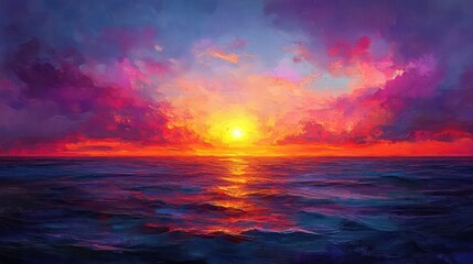 Wall Mural - a painting of a sunset over the ocean with a bright orange sun